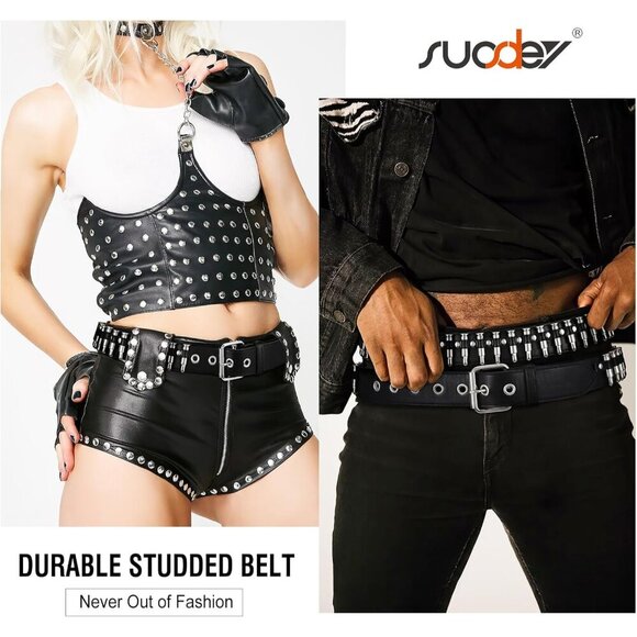 Black Studded Belt Silver Metal Grommet Punk Rock Style for Men Women - Picture 2 of 8